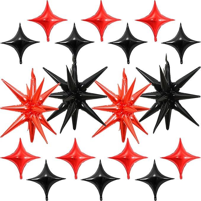 Black Red Star Balloons - 22 inch Star Foil Mylar Balloons - 10 inch Four-Pointed and Pentagram Balloon for Birthday Party, Anniversary, Graduation, New Year, Casino Party Decorations