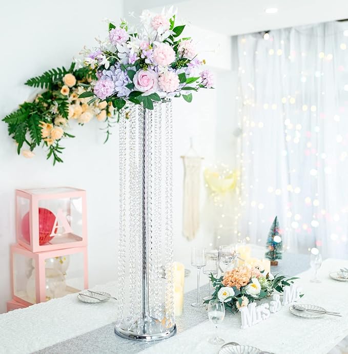 2Pcs 35.43in Tall Metal Wedding Centerpieces with Chandelier Acrylic Crystals Flower Stand, Elegant Wedding Centerpiece Decoration Leads Road Stands for Wedding Party Dinner Event Hotel Home Décor