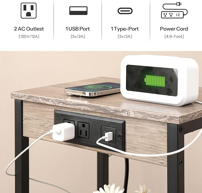 HOOBRO Tall End Table with Charging Station, 30 Inch Tall Nightstand, 3-Tier Small Side Table with Adjustable Shelf, for Living Room, Bedroom, Hallway, Greige BG09UDH01G1