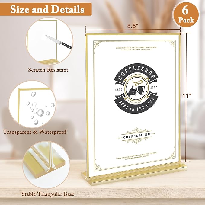 Floroom 6 Pack 8.5x11 Inch Clear Acrylic Sign Holders, Double-Sided Gold Display Stand Picture Frames for Table Numbers, Menus, Flyers, Weddings, and Offices