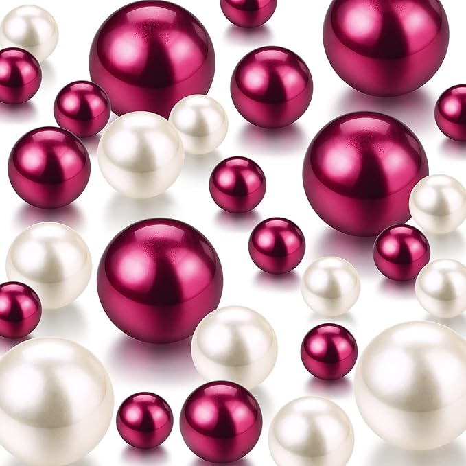 Hicarer 120 Pieces Pearl for Vase Filler Pearl Bead Vase Centerpieces Brush Holder Assorted Round Faux Bead for Crafting, Home Wedding Table Decor 14/20/30 mm(Creamy White, Bright Wine Red)
