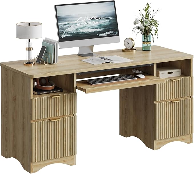 Bestier Computer Desk with Keyboard Tray, 59 inch Office Desk with 4 Drawers, Modern Home Office Desk with File Drawer (Natual Oak, 59" W with Double-Sided Drawers)