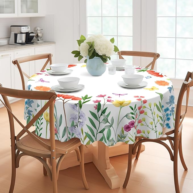 Eikione Tablecloth 70inch,Tablecloth Waterproof and Wrinkle-Free, Wild Flower Rustic Table Covers, Summer Decorations for Home