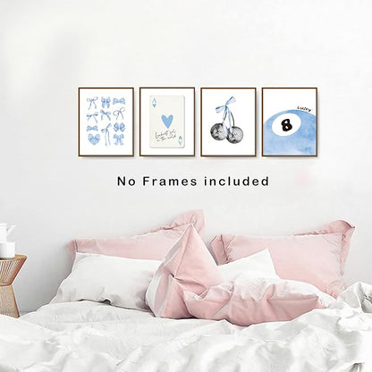 okaxscm Light Blue Coquette Trendy Preppy Wall Art Prints Set of 4, Coquette Preppy Room Decor, Blue Bow Disco 8 Ball Cherry Wall Decor Posters for Girls Bedroom Dorm, 8x10 Unframed