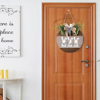 Harooni Easter Door Sign 12x12 Inch Wooden Welcome Hanging Sign with Easter Rabbits and Buffalo Plaid Bow