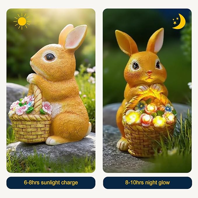 Garden Solar Rabbit Outdoor Statues - 6x4.7x8.5in Waterproof Decor for Yard Lawn Patio Porch Balcony - Easter Christmas Mother’s Day Birthday Housewarming Gifts for Women Mom Grandma