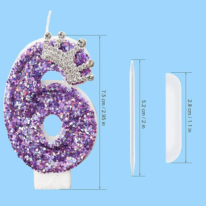 Birthday Number Candles,Purple Crown Birthday Candles for Cake,Glitter Number 6 Candle Cake Topper with Sequins for Anniversary Celebrations Supplies (Number 6)