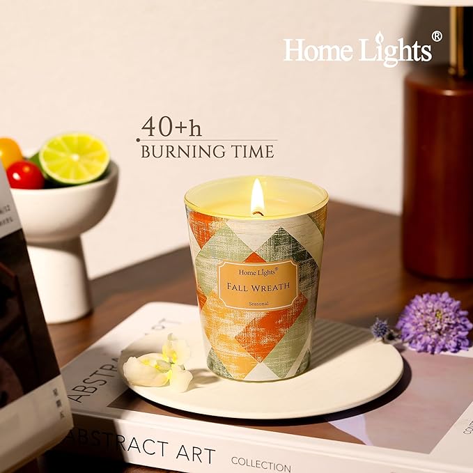 HomeLights Soy Wax Candles for Home Scented, 1-Wick Candles in Fall Wreath Scented, Rustic Modern Aromatherapy Candles Gift for Parties, Relaxing, 6.7oz