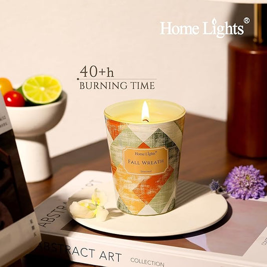 HomeLights Soy Wax Candles for Home Scented, 1-Wick Candles in Fall Wreath Scented, Rustic Modern Aromatherapy Candles Gift for Parties, Relaxing, 6.7oz