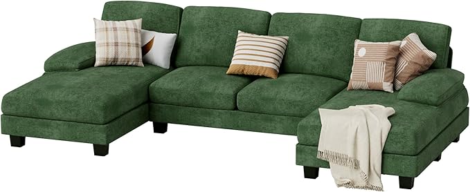 JUMMICO Sectional Couches for Living Room, U Shaped Couch with Chenille Fabric, 4 Seat Modern Sofa with Removable Pillows for Apartment and Small Space (Fabric, Green)