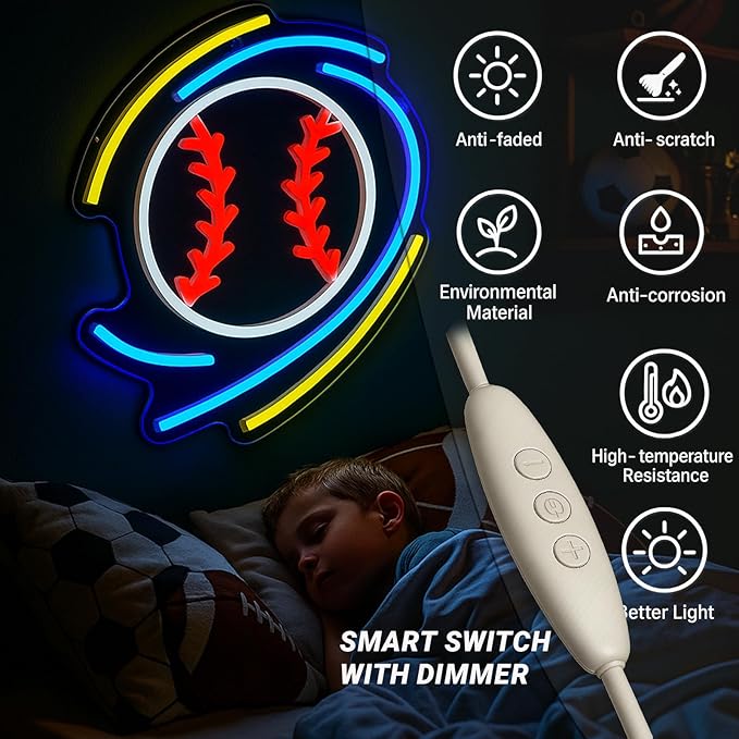 Baseball Neon Sign - 12.6” x 11.8” Dimmable LED Wall Light for Bedroom, Game Room, Bar, Man Cave - USB Powered Baseball Decor Gift for Boyfriend, Dad, Husband