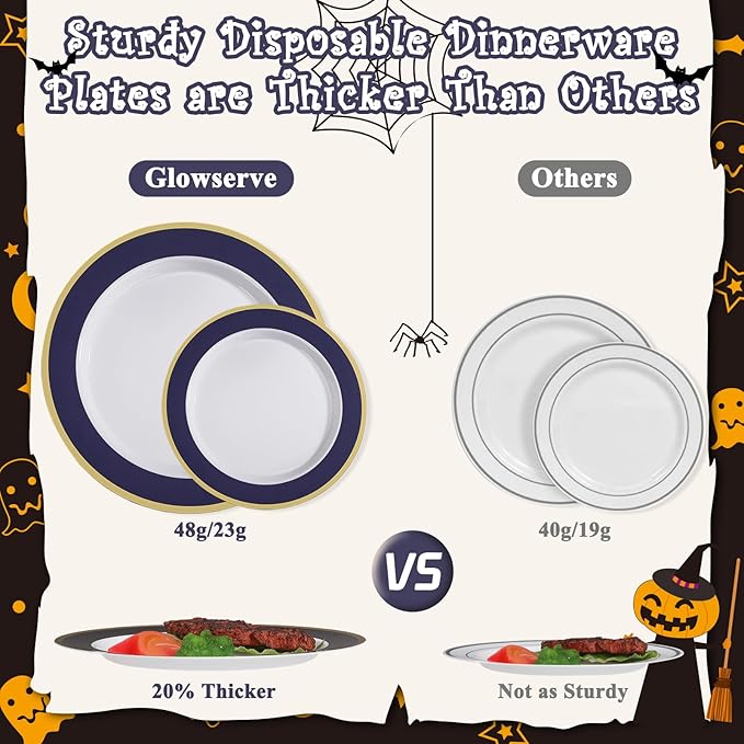 100PCS Halloween Plastic Plates Disposable Heavy Duty Include 50PCS 10.25inch Dinner Plates and 50PCS 7.5inch Dessert Plates Dinnerware for Halloween Party Wedding New Year,Dark Blue