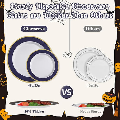 100PCS Halloween Plastic Plates Disposable Heavy Duty Include 50PCS 10.25inch Dinner Plates and 50PCS 7.5inch Dessert Plates Dinnerware for Halloween Party Wedding New Year,Dark Blue