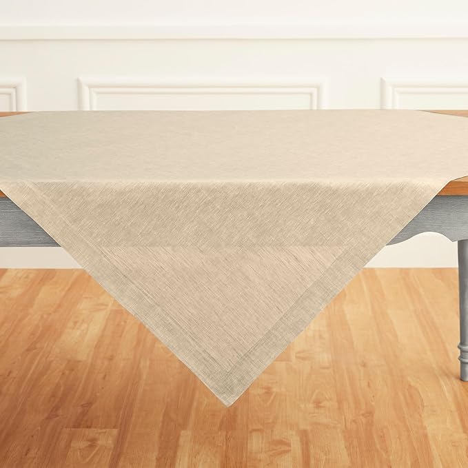 Solino Home Linen Cloth Tablecloth 52 x 52 Inch - 100% Pure Linen Champagne Beige Square Tablecloth - Athena, Machine Washable Table Throw for Fall, Autumn, Holiday
