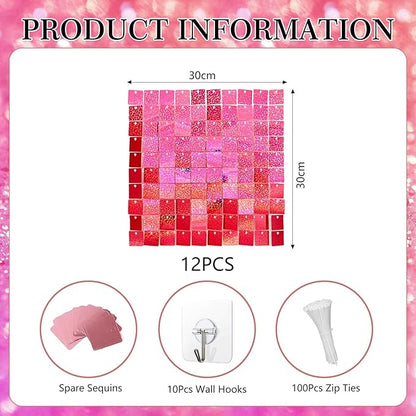 12PCS Deep Pink Shimmer Wall Backdrop, Laser Square Sequin Photo Backdrops Panel, Glitter Wall Background for Birthdays, Weddings, Christmas, Engagements, Disco Bachelorette Party Decor (3FTx4FT)