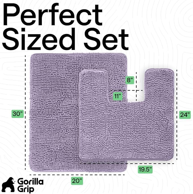 GORILLA GRIP Bathroom Rug Sets, Soft Chenille 2 Piece Area Rugs Set, Toilet Base Mat and 30x20 Carpet, Absorbent Microfiber Washable Mats Dry Quickly, Home Décor and Bath Room Accessories, Lt Purple