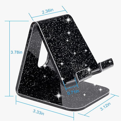 Crpich Acrylic Cell Phone Stand, Portable Phone Holder, Phone Stand for Desk, Compatible with Phone16 15 14 13 12 Pro Max Mini 11 Xr 8 Plus SE, Switch, Android Smartphone, Pad, Tablet, Glitter Black