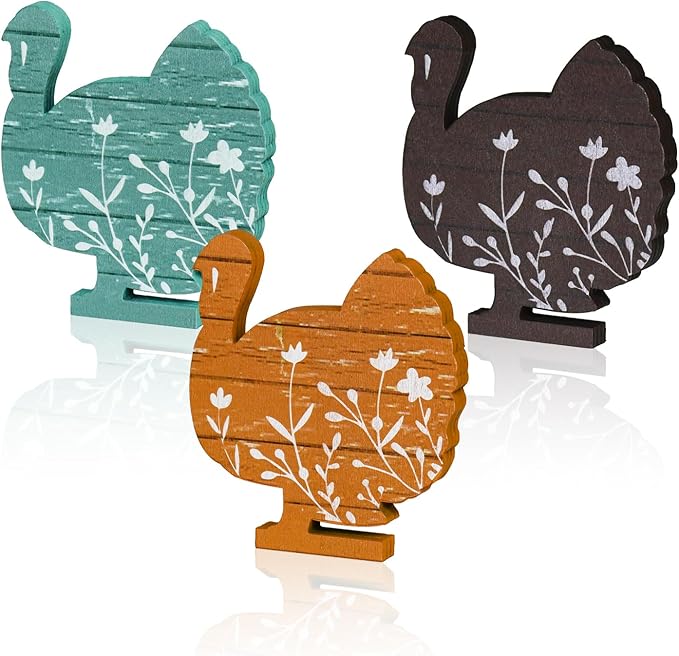 Smile 3 Pcs Wooden Blocks Colorful Turkey Signs, Thanksgiving Decor Indoor, Table Tiered Tray Kitchen Decorations