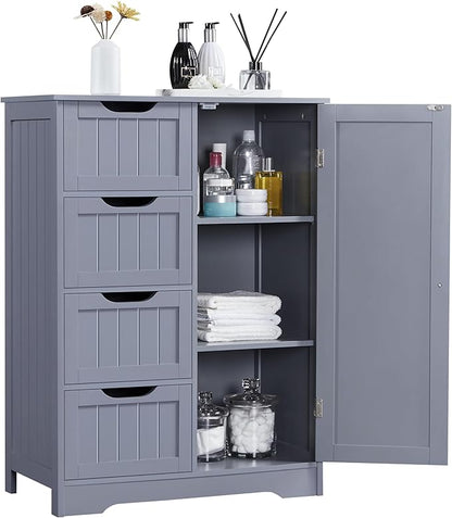 Yaheetech Large Bathroom Storage Cabinet, Freestanding Floor Cabinet with 4 Dawers and 1 Door, Adjustable Shelf, Bathroom Storage Organizer with 3 Shelves, for Living Room Kitchen Hallway, Gray