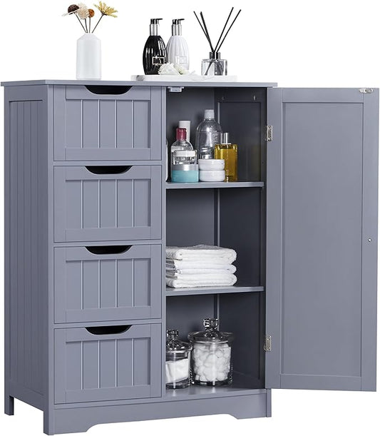 Yaheetech Large Bathroom Storage Cabinet, Freestanding Floor Cabinet with 4 Dawers and 1 Door, Adjustable Shelf, Bathroom Storage Organizer with 3 Shelves, for Living Room Kitchen Hallway, Gray