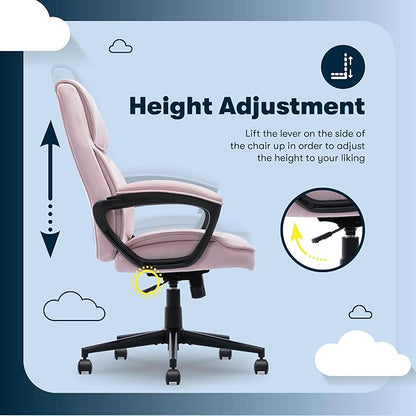 Serta Comfort Classic Executive Office Chair, Ergonomic Mid-Back Computer DeskChair with Lumbar Support, Semi-Plush Cushion and Body Pillows, Padded Armrests, Swivel Base, Pink Velvet Fabric