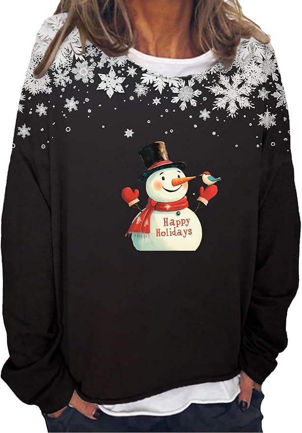 LOAIHA Christmas Shirts for Women Crewneck Snowman Snowflake Santa Graphic Shirts Christmas Tree Long Sleeve Xmas Hoodie