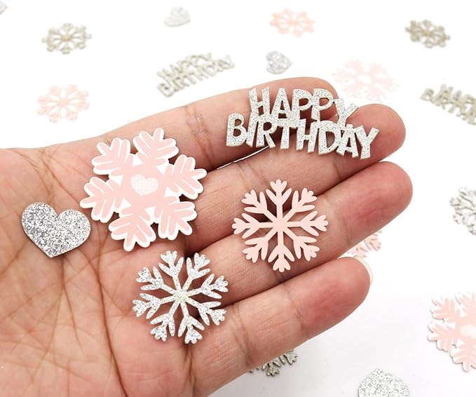 Pink Snowflake Birthday Confetti for Table – 200PC Glitter Heart Snowflakes Table Scatter for Girl Winter Wonderland Birthday Decorations