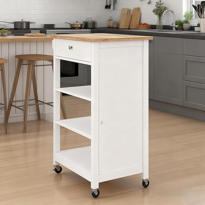 Casaphoria Kitchen Island Cart on Wheels, Rolling Kitchen Trolley with Storage Cabinet and Drawer, Solid Rubber Wood Top Prep Table, Small Mobile Coffee Bar Station with Adjustable Shelves, White