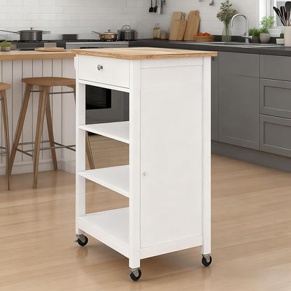 Casaphoria Kitchen Island Cart on Wheels, Rolling Kitchen Trolley with Storage Cabinet and Drawer, Solid Rubber Wood Top Prep Table, Small Mobile Coffee Bar Station with Adjustable Shelves, White