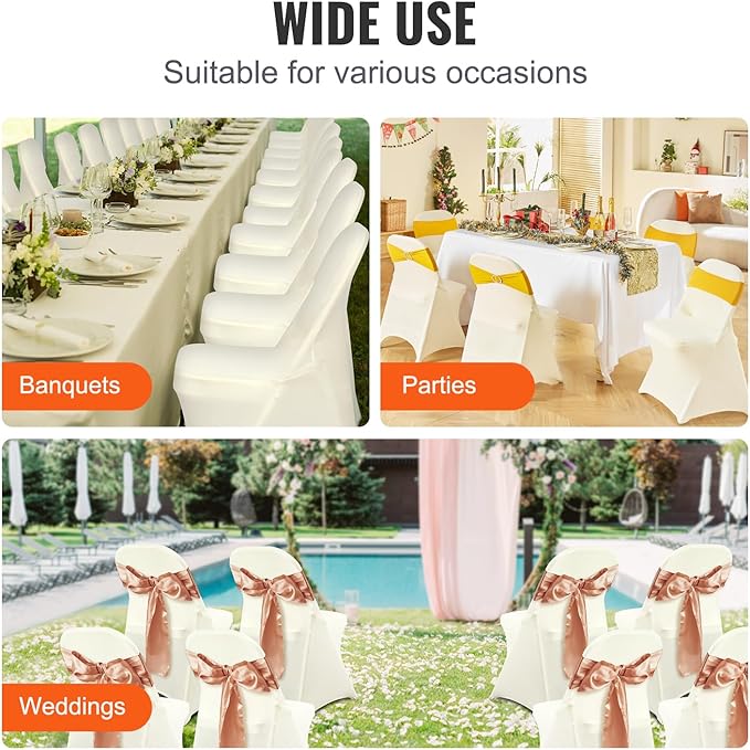 VEVOR Stretch Spandex Folding Chair Covers, Universal Fitted Chair Cover, Removable Washable Protective Slipcovers, for Wedding, Holiday, Banquet, Party, Celebration, Dining (50PCS Ivory White)