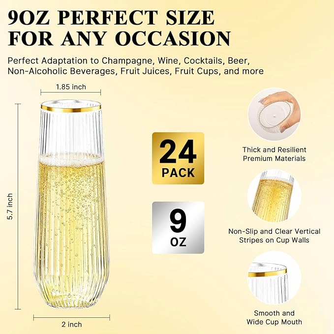 Goodluck 24pack Clear Stemless Plastic Champagne Flutes with Gold Rim，9oz Ribbed Stemless Toasting Glasses，Champagne Flutes Plastic for Weddings, Bars, Events, Party And Celebrations