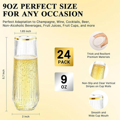 Goodluck 24pack Clear Stemless Plastic Champagne Flutes with Gold Rim，9oz Ribbed Stemless Toasting Glasses，Champagne Flutes Plastic for Weddings, Bars, Events, Party And Celebrations