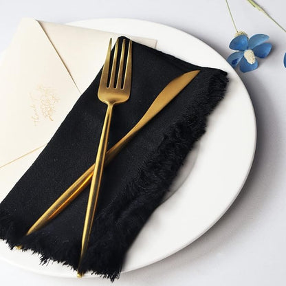 Handmade Cloth Napkins with Fringe,18 x 18 Inches Cotton Linen Napkins Set of 12 Versatile Handmade Square Rustic Fringe Napkins for Dinner, Wedding and Parties, Black