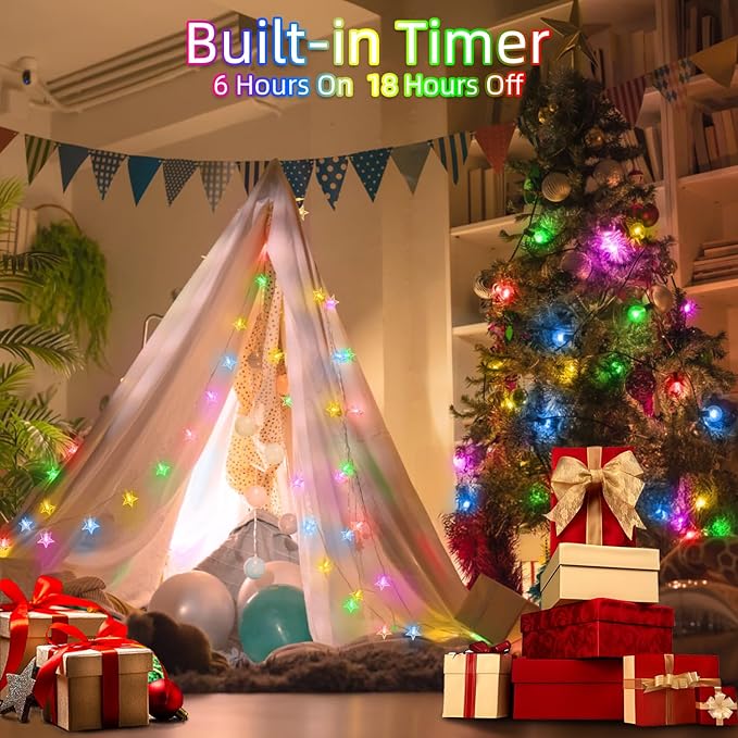 Star String Lights 120 LED 40FT, 8 Modes Plug in Star Fairy Lights with Timer & Memory, Indoor Outdoor Star Christmas Lights for Birthday Party Bedroom Wedding Home Classroom Decor Macaron Colors