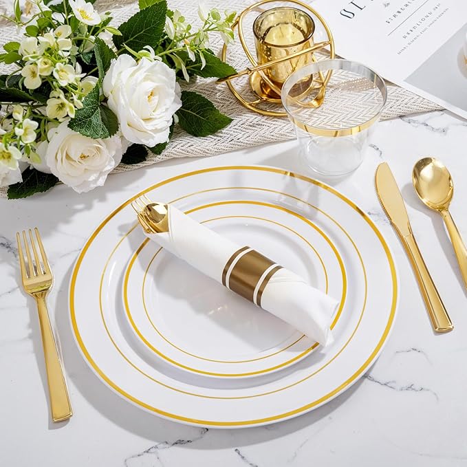 WELLIFE 350Pcs Gold Plastic Plates for 50 Guests - Plastic Dinnerware Set, Includes 100 Party Plates,150 Gold Silverware Disposable,50 Napkins,50 Cups,Disposable Plates for Party and Christmas