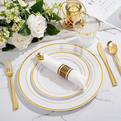 WELLIFE 350Pcs Gold Plastic Plates for 50 Guests - Plastic Dinnerware Set, Includes 100 Party Plates,150 Gold Silverware Disposable,50 Napkins,50 Cups,Disposable Plates for Party and Christmas