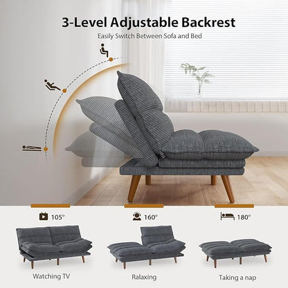 Pipishell Futon Sofa Bed, Convertible Futon Adjustable Backrest & Armrests, Corduroy Sleeper Couch for Small Spaces, Living Room, Office, Guest Room (Asphalt Grey, 66 Inch)