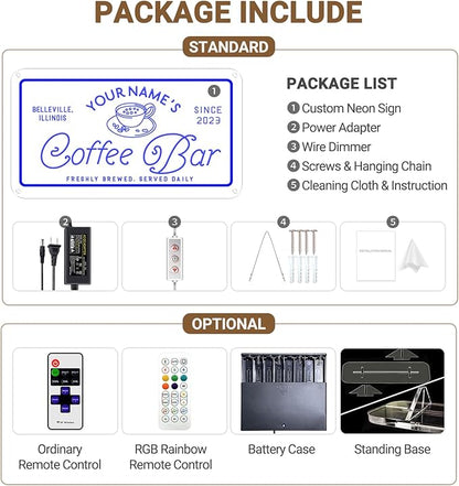 Custom Coffee Bar Neon Sign, Personalized LED Neon Lights for Wall Decor, Handmade 3D Art Coffee Bar Light up Signs Night Lamp for Coffee Bars/Station/Shops Kitchen Cafe Decoration