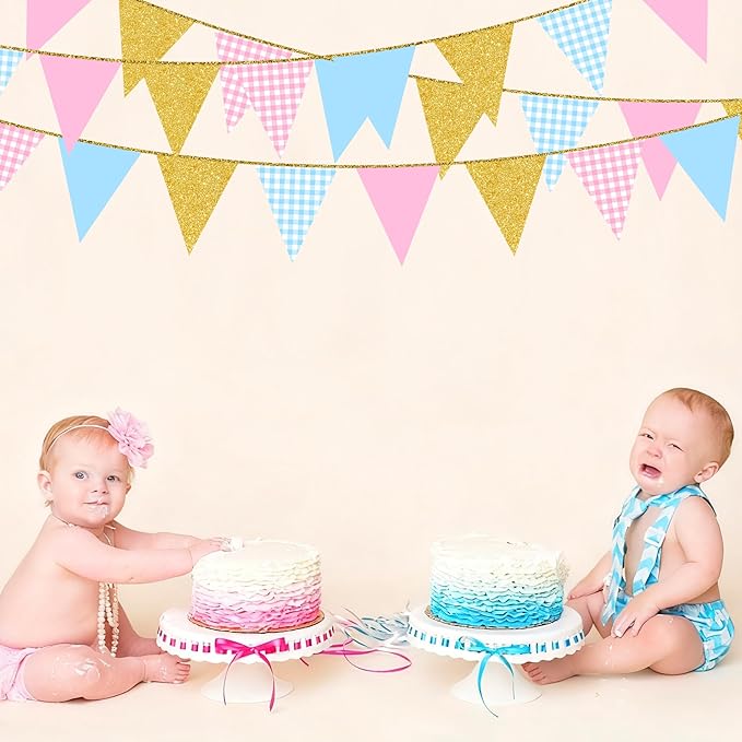 Pink and Blue Buffalo Plaid Gold Party Decorations Pennant Banner Flag Hanging Glitter Paper Triangle Bunting for Boy or Girl Gender Reveal Baby Shower Birthday Wedding Bridal Shower Party Supplies