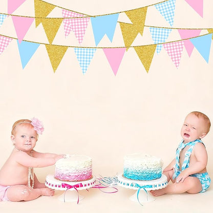 Pink and Blue Buffalo Plaid Gold Party Decorations Pennant Banner Flag Hanging Glitter Paper Triangle Bunting for Boy or Girl Gender Reveal Baby Shower Birthday Wedding Bridal Shower Party Supplies