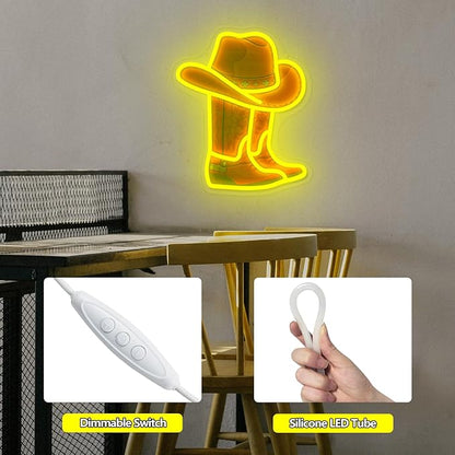 Cowboy Boot Neon Sign Cowboy Hat Neon Light 15.2”x13” Yellow Cowboy LED Sign for Wall Decor Dimmable Western Light Up Signs for Bedroom Game Room Man Cave Presents for Birthday Party Rodeo Enthusiast