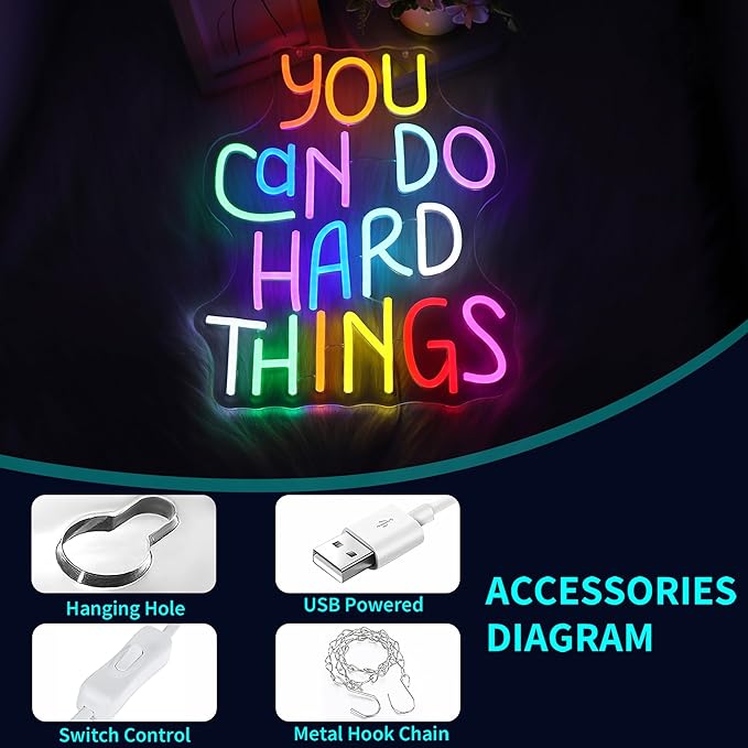 Neon Sign, JGHTURIE You Can Do Hard Things Neon Signs for Wall Decor Led Lights Signs for Classroom Office Business Library Bar Party Art Decoration USB Powered