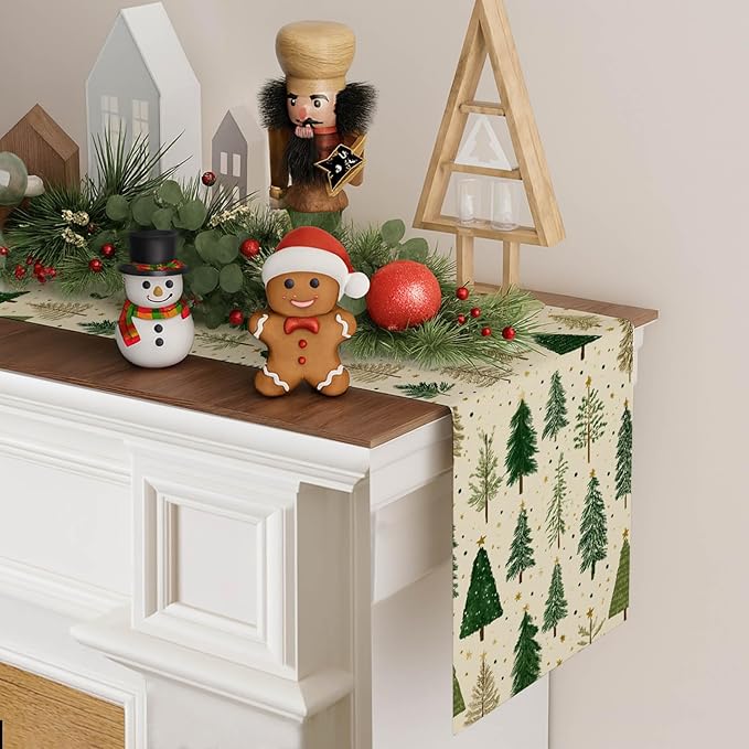 Christmas Tree Table Runner 13x72 Inch Winter Forest Burlap Farmhouse Dining Table Decoration Green Pine Trees Holiday Tablecloth for Kitchen Dining Room Indoor Outdoor Party Home Decor