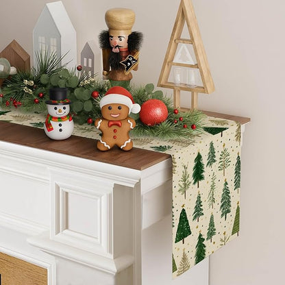 Christmas Tree Table Runner 13x72 Inch Winter Forest Burlap Farmhouse Dining Table Decoration Green Pine Trees Holiday Tablecloth for Kitchen Dining Room Indoor Outdoor Party Home Decor