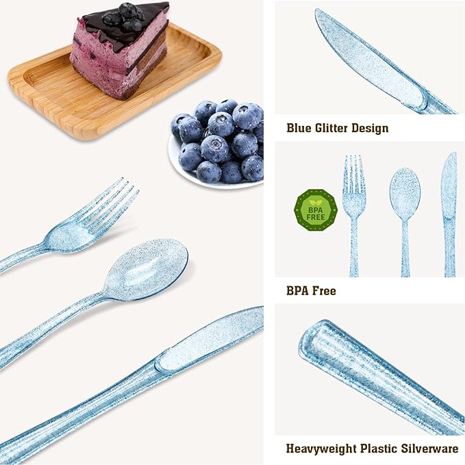 150 Pack Blue Plastic Silverware, Blue Glitter Silverware Plastic Utensils Set Includes 50 Forks, 50 Knives, 50 Spoons for Brithday, Baby Shower, Picnic