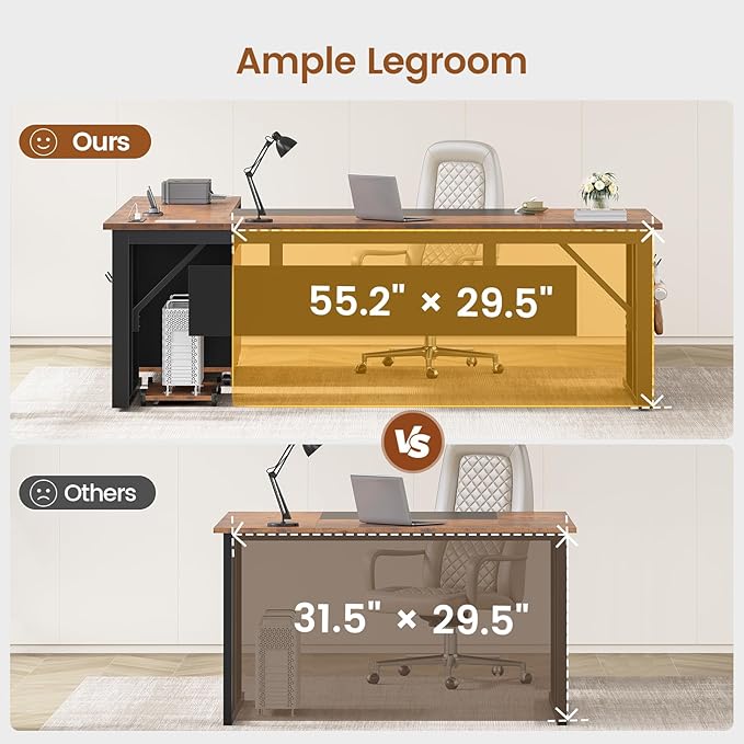 SEDETA 71" Executive Desk with Rolling File Cabinet, Large Office Desk with Drawers, L Shaped Computer Desk with Power Outlets, CPU Stand, Pegboard and Storage Shelves, Rustic Brown
