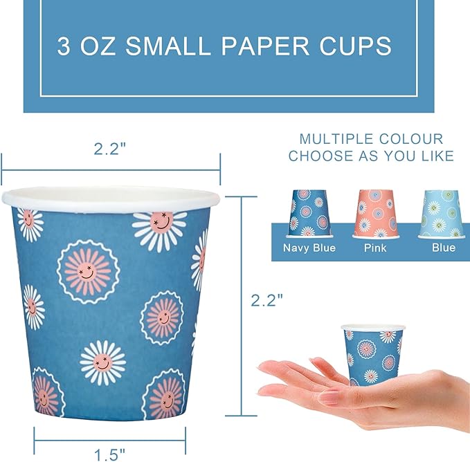 SIUQ 300 Pack 3 oz Paper Cups, Disposable Bathroom Cups, Small Mouthwash Cup, Hot/Cold Beverage Drinking Cups, Mini Paper Cups for Bathroom, Birthday Party, Travel, Events, Picnic, BBQ (Daisy)