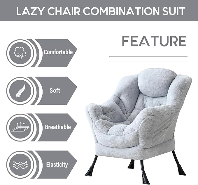LITA Lazy Chair with Armrests and Side Pocket, Modern Upholstered Accent Reading Chair for Living Room, Bedroom, Dorm, Small Spaces, Single Plush Grey