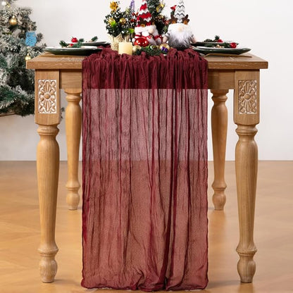 Burgundy Red Cheesecloth Table Runner 4 Pack Christmas Red Table Runners Boho Gauze 120 Inches Cheese Cloth Table Decor for Xmas Holiday Season Parties Weddings Candlelight Dinner