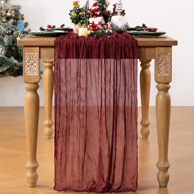 Burgundy Red Cheesecloth Table Runner 10 Pack Christmas Red Table Runners Boho Gauze 120 Inches Cheese Cloth Table Decor for Xmas Holiday Season Parties Weddings Candlelight Dinner